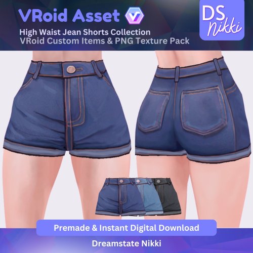 More information about "VRoid Studio Outfit – High Waist Jean Shorts Set, VRoid Custom Items & PNG Textures Pack, VTuber Clothes, Digital Asset"
