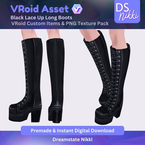 More information about "VRoid Studio Outfit – Stylish Black Lace Up Long Boots, VRoid Custom Items & PNG Textures Pack, VTuber Clothes, Digital Asset"