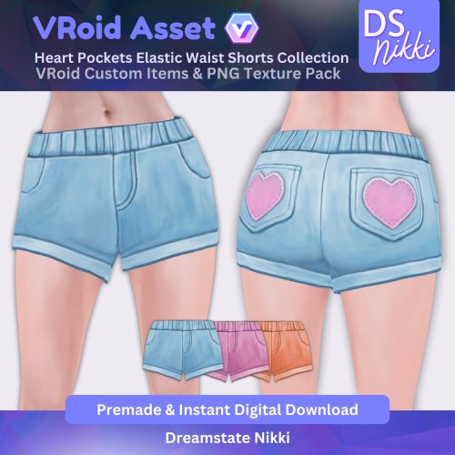 More information about "VRoid Studio Outfit – Kawaii Heart Pocket Shorts Set, VRoid Custom Items & PNG Textures Pack, VTuber Clothes, Digital Asset"