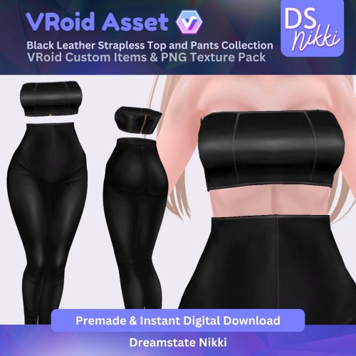 More information about "VRoid Studio Outfit – Stylish Black Leather Strapless Top and Pants, VRoid Custom Items & PNG Textures Pack, VTuber Clothes, Digital Asset"