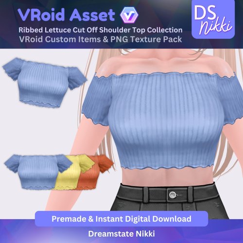More information about "VRoid Studio Outfit – Stylish Ribbed Lettuce Cut Off Shoulder Top Set, VRoid Custom Items & PNG Textures Pack, VTuber Clothes, Digital Asset"