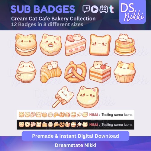 More information about "Cream Kawaii Cat Cafe Bakery Twitch Badges | Cute Pastel Sub Bit Badges & Emotes for Twitch YouTube Discord TikTok Streamers"