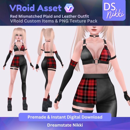More information about "VRoid Studio Outfit – Red Mismatched Plaid and Leather Outfit, VRoid Custom Items & PNG Textures Pack, VTuber Clothes, Digital Asset"