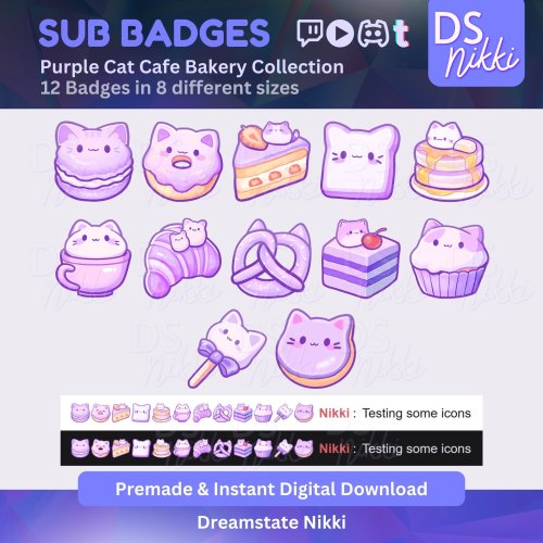 More information about "Purple Kawaii Cat Cafe Bakery Twitch Badges | Cute Pastel Sub Bit Badges & Emotes for Twitch YouTube Discord TikTok Streamers"