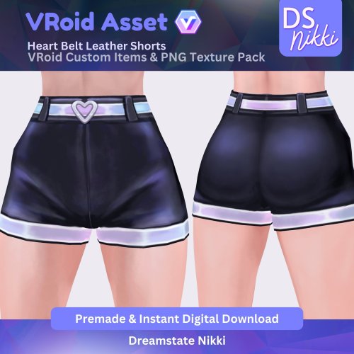 More information about "VRoid Studio Outfit – Stylish Heart Belt Leather Shorts, VRoid Custom Items & PNG Textures Pack, VTuber Clothes, Digital Asset"