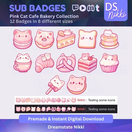 More information about "Pink Kawaii Cat Cafe Bakery Twitch Badges | Cute Pastel Sub Bit Badges & Emotes for Twitch YouTube Discord TikTok Streamers"