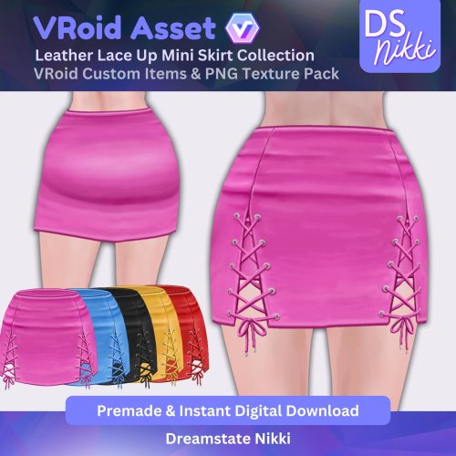 More information about "VRoid Studio Outfit – Stylish Leather Lace Up Mini Skirt Set, VRoid Custom Items & PNG Textures Pack, VTuber Clothes, Digital Asset"