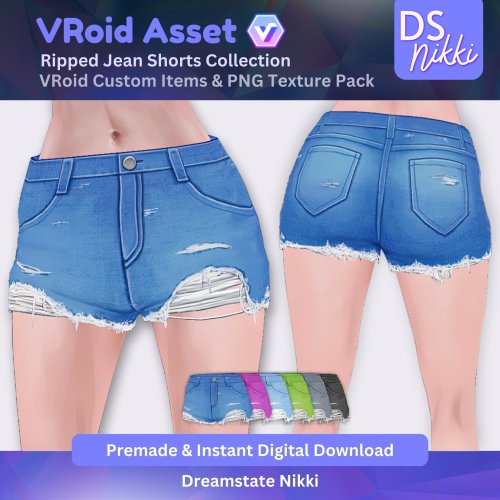 More information about "VRoid Studio Outfit – Stylish Ripped Jeans Shorts Set, VRoid Custom Items & PNG Textures Pack, VTuber Clothes, Digital Asset"