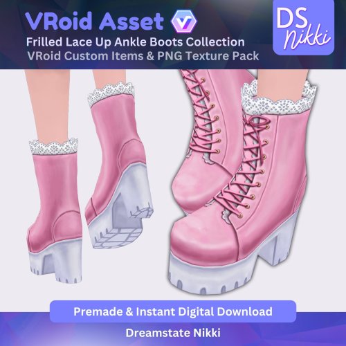 More information about "VRoid Studio Outfit – Stylish Kawaii Frilled Lace Ankle Boots Set, VRoid Custom Items & PNG Textures Pack, VTuber Clothes, Digital Asset"