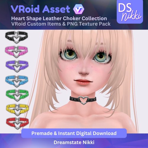 More information about "VRoid Studio Outfit – Heart Shape Leather Choker Set, VRoid Custom Items & PNG Textures Pack, VTuber Clothes, Digital Asset"