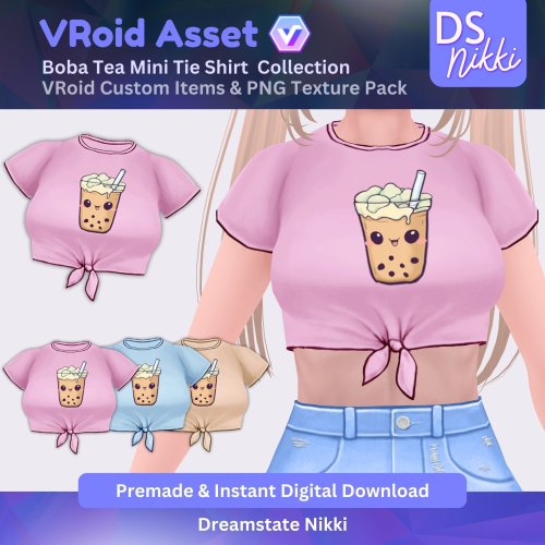 More information about "VRoid Studio Outfit – Kawaii Boba Tea Mini Tie Shirt Set, VRoid Custom Items & PNG Textures Pack, VTuber Clothes, Digital Asset"