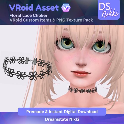 More information about "VRoid Studio Outfit – Stylish Floral Lace Choker, VRoid Custom Items & PNG Textures Pack, VTuber Clothes, Digital Asset"