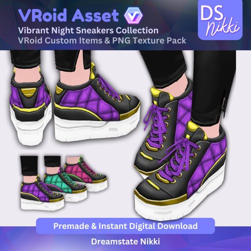 More information about "VRoid Studio Outfit – Stylish Vibrant Night Sneakers, VRoid Custom Items & PNG Textures Pack, VTuber Clothes, Digital Asset"