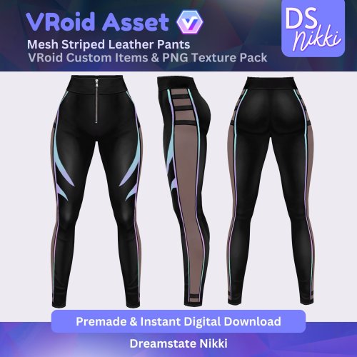 More information about "VRoid Studio Outfit – Stylish Mesh Striped Leather Pants, VRoid Custom Items & PNG Textures Pack, VTuber Clothes, Digital Asset"