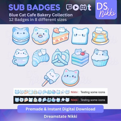 More information about "Blue Kawaii Cat Cafe Bakery Twitch Badges | Cute Pastel Sub Bit Badges & Emotes for Twitch YouTube Discord TikTok Streamers"