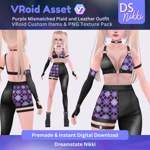 More information about "VRoid Studio Outfit – Purple Mismatched Plaid and Leather Outfit, VRoid Custom Items & PNG Textures Pack, VTuber Clothes, Digital Asset"