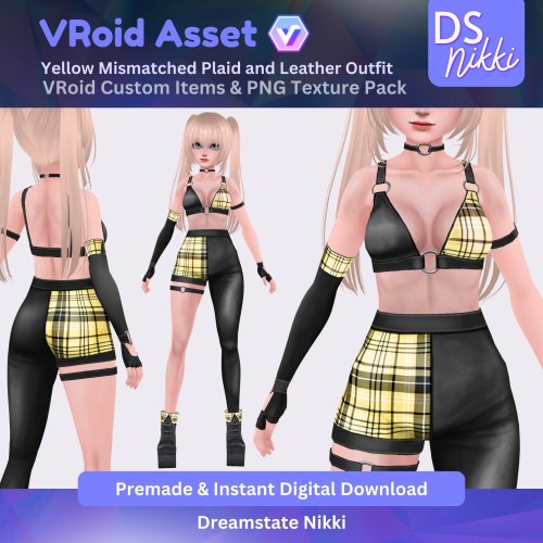 More information about "VRoid Studio Outfit – Yellow Mismatched Plaid and Leather Outfit, VRoid Custom Items & PNG Textures Pack, VTuber Clothes, Digital Asset"