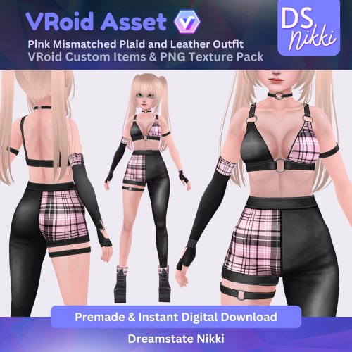More information about "VRoid Studio Outfit – Pink Mismatched Plaid and Leather Outfit, VRoid Custom Items & PNG Textures Pack, VTuber Clothes, Digital Asset"