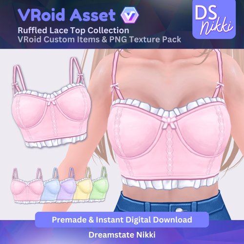 More information about "VRoid Studio Outfit – Stylish Ruffled Lace Top Set, VRoid Custom Items & PNG Textures Pack, VTuber Clothes, Digital Asset"
