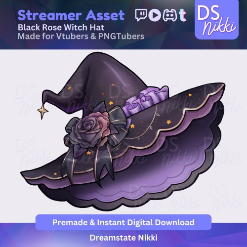 More information about "Witch Hat Vtuber Asset | Black Rose Halloween PNG Prop for Vtube, Pngtuber, Streamer, Twitch Overlay, Cute Goth Stream Decor"