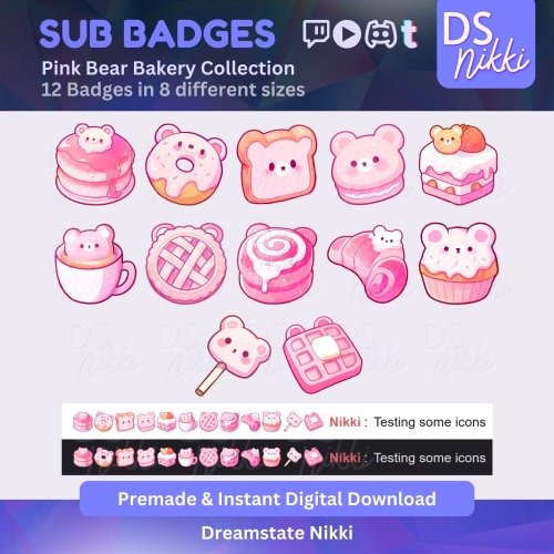 More information about "Cozy Pink Bear Bakery Twitch Sub Badges | Cute Kawaii Bit Badges & Emotes | Stream Points | Twitch YouTube Discord TikTok"
