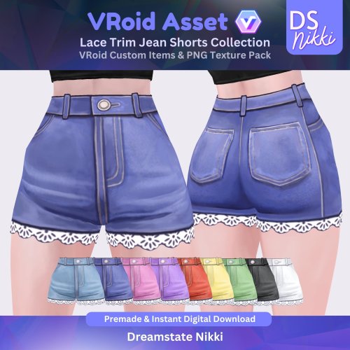 More information about "VRoid Studio Outfit – Lace Trim Jeans Shorts Set, VTuber Clothes PNG Textures"