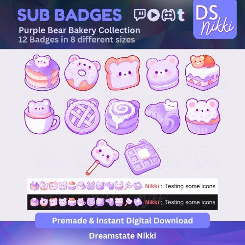 More information about "Kawaii Twitch Sub Badges – Cozy Purple Bear Bakery Emotes"